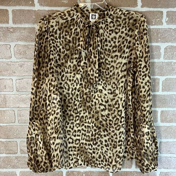 Anne Klein leopard print Long Sleeve Tie Bow Neckline Size Small - Picture 1 of 9